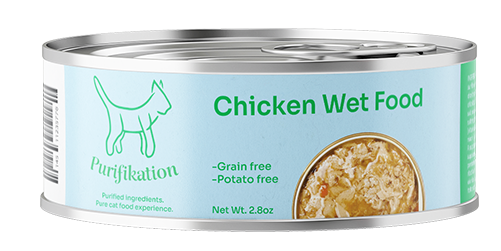 This image showcases a small can of wet cat food. This one, from left to right
			shows part of the wet food's bar code, Purifikation's logo, basic information About
			the product, and a small part of the label that lists things like nutrition facts and
			ingredients.
			
			The main label on display is dull light blue in color. On the left is Purifikation's logo,
			and the slogan: Purified ingredients. Pure cat good experience. The rest of the label shows 
			the header: Chicken Wet Food followed by a block of text, and an image showing canned 
			chicken wet food.
			
			The block of text reads: 
			
			-Grain freepik-Potato free 
			
			Net Wt. 2.8oz
			
			The barely visible label on the far right shows dull light blue text, and a green background.